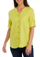 Women's Roll Tab Sleeve Split Neck Shirt