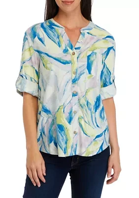 Women's Roll Tab Sleeve Printed Linen Blouse