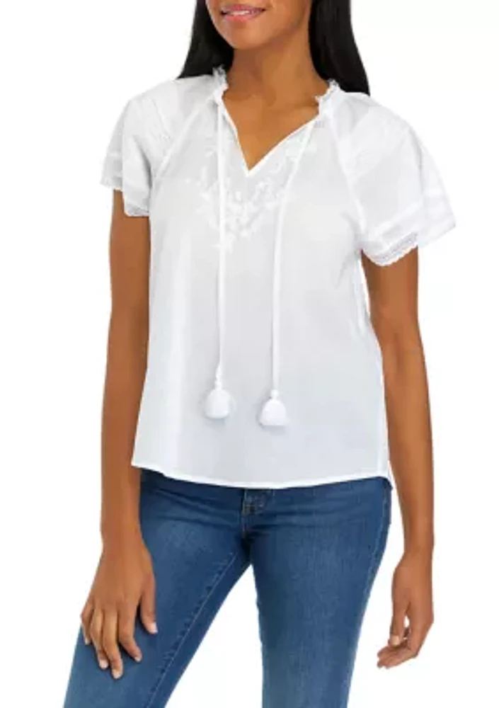 Women's Short Sleeve Embroidered Trim Blouse