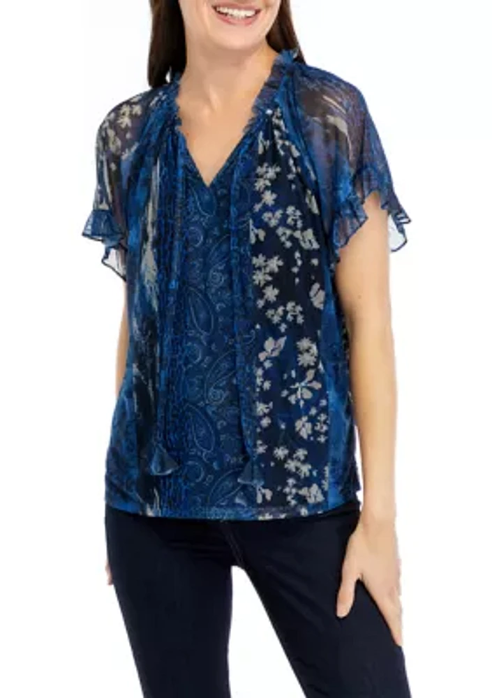 Women's Flutter Sleeve Tie Neck Top