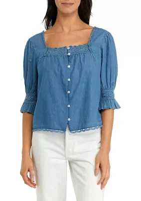 Women's 3/4 Sleeve Chambray Square Neck Top