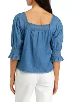 Women's 3/4 Sleeve Chambray Square Neck Top