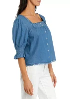 Women's 3/4 Sleeve Chambray Square Neck Top