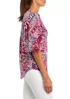 Women's Elbow Blouson Sleeve Printed Blouse