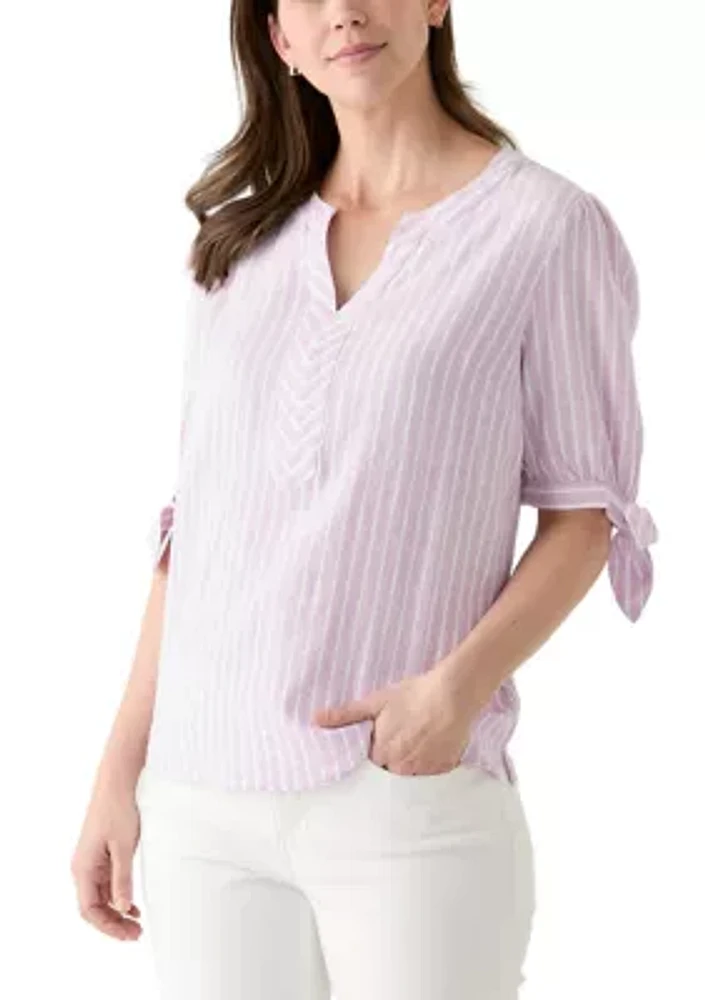 Women's Elbow Sleeve Tie Detail Linen Top