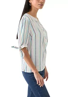 Petite Elbow Sleeve Tie Detail Linen Top