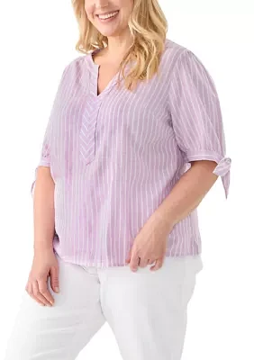Plus Elbow Sleeve Tie Detail Linen Top