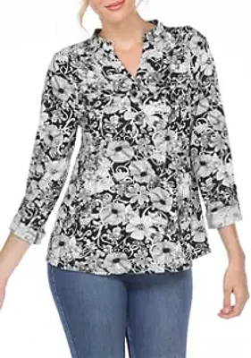 White Mark Pleated Long Sleeve Floral Print Blouse