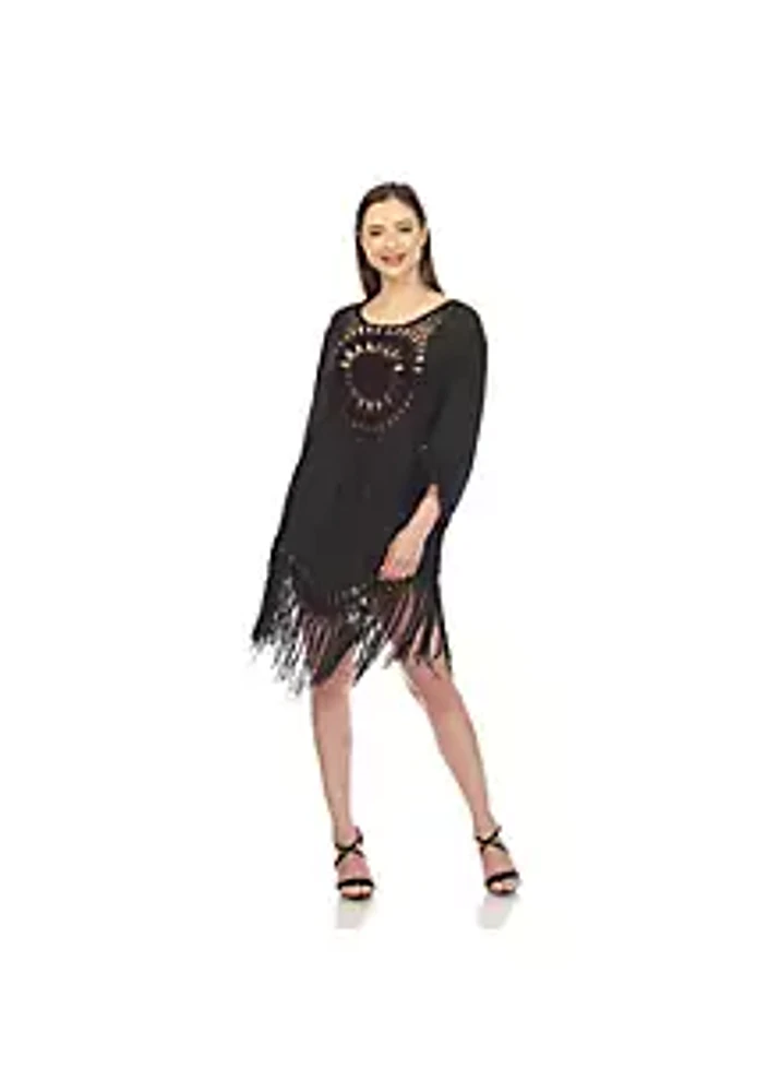 White Mark Women's Crocheted Fringed Trim Dress Cover Up