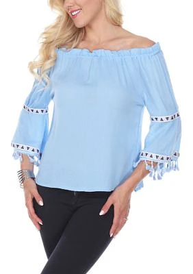 Smocked Neckline Peasant Top with Pom Trim