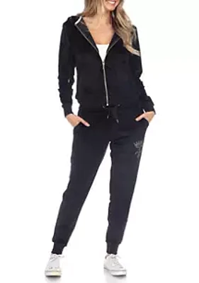 White Mark Rhinestone 2 Piece Velour Tracksuit Set