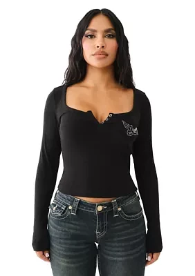 Crystal Wings Ribbed Long Sleeve Henley T-Shirt