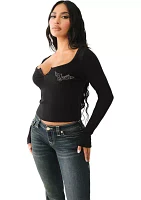 Crystal Wings Ribbed Long Sleeve Henley T-Shirt