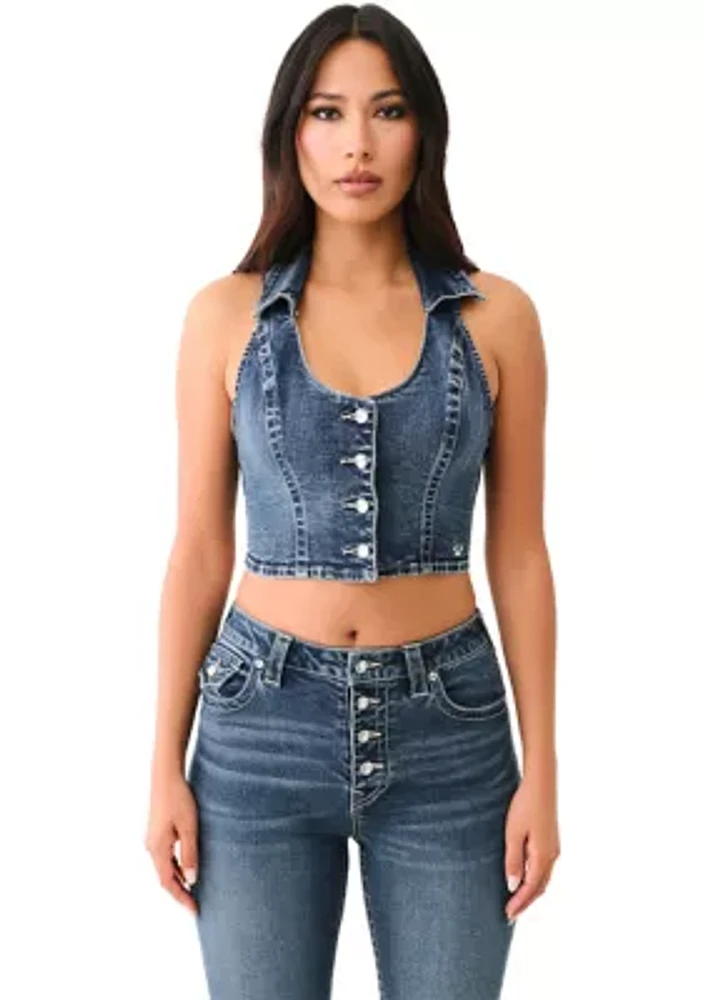 Women's Denim Vest with Crystal Buttons