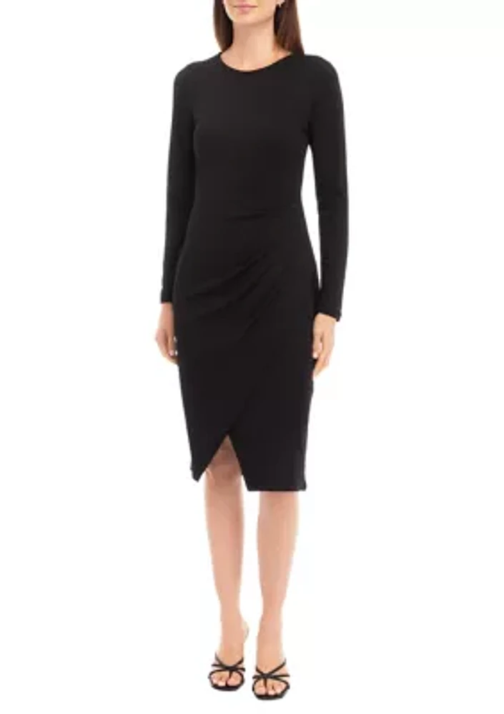 Petite Long Sleeve Faux Wrap Midi Dress