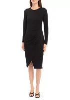 Petite Long Sleeve Faux Wrap Midi Dress