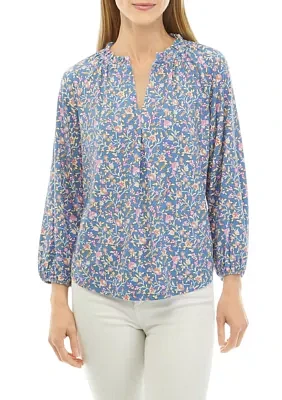 Petite 3/4 Sleeve Printed Jacquard Peasant Top