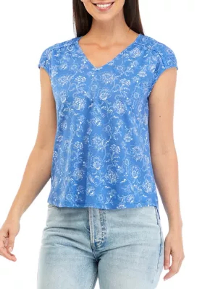 Women's Printed V-Neck Top with Shirred Shoulders