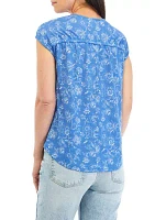 Women's Printed V-Neck Top with Shirred Shoulders