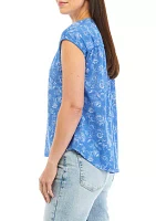 Women's Printed V-Neck Top with Shirred Shoulders