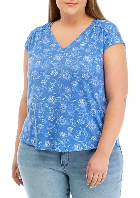 Plus Shirred Shoulder V-Neck Top