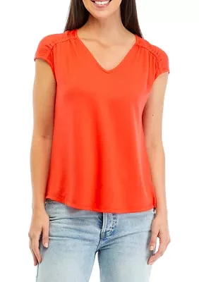 Women's Shirred Shoulder V-Neck Top