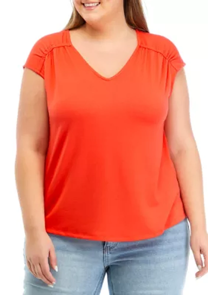 Plus Shirred Shoulder V-Neck Top