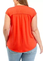 Plus Shirred Shoulder V-Neck Top