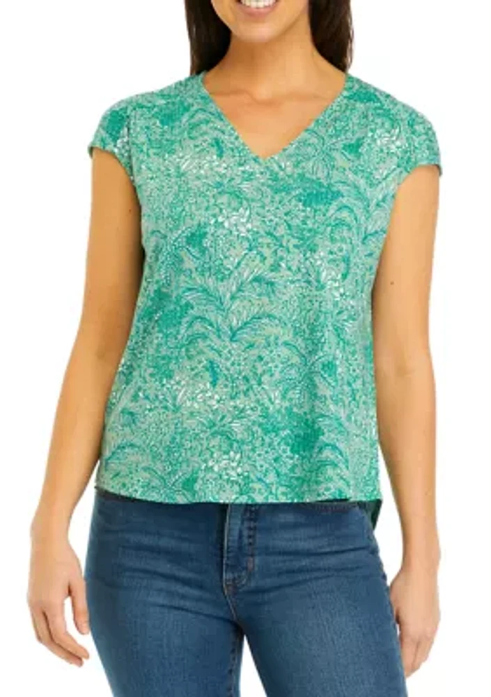 Women's V-Neck Shirred Printed Top