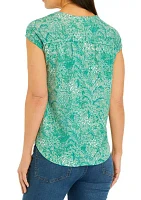 Women's V-Neck Shirred Printed Top