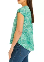 Women's V-Neck Shirred Printed Top