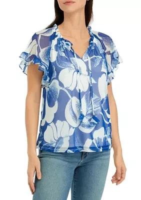 Women's Flutter Sleeve Mesh Floral Top