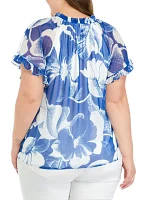 Plus Printed Tie Neck Top