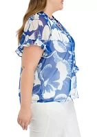 Plus Printed Tie Neck Top