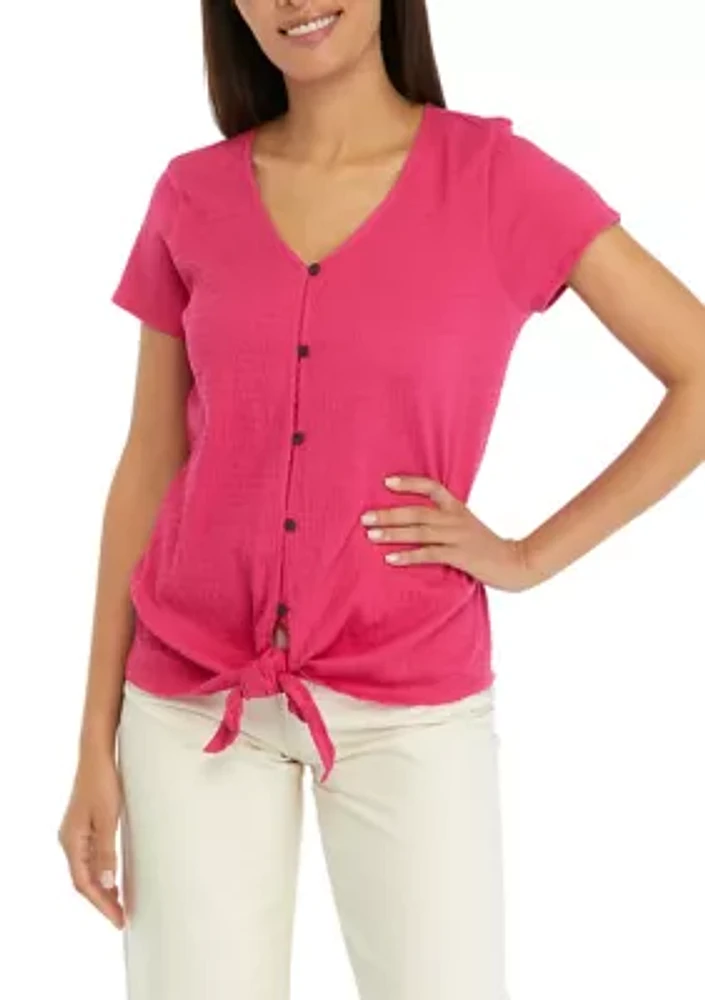 Petite Short Sleeve Tie Front Top