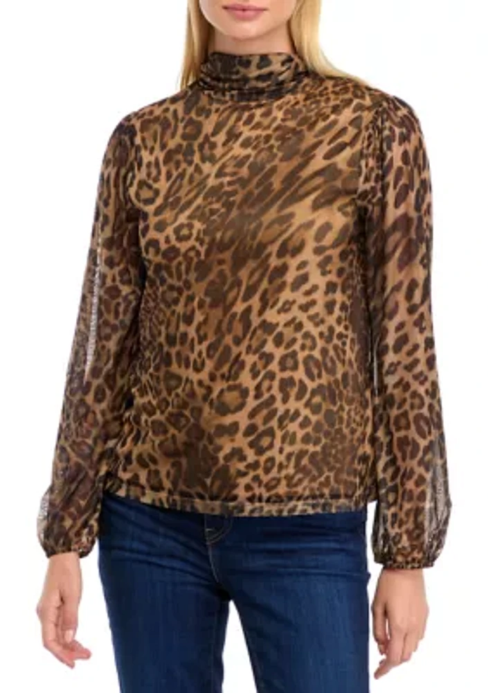 Petite Blouson Sleeve Mesh Mock Neck Printed Blouse