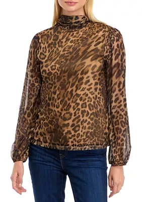 Petite Blouson Sleeve Mesh Mock Neck Printed Blouse