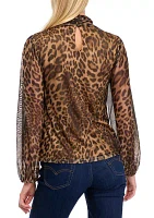 Petite Blouson Sleeve Mesh Mock Neck Printed Blouse