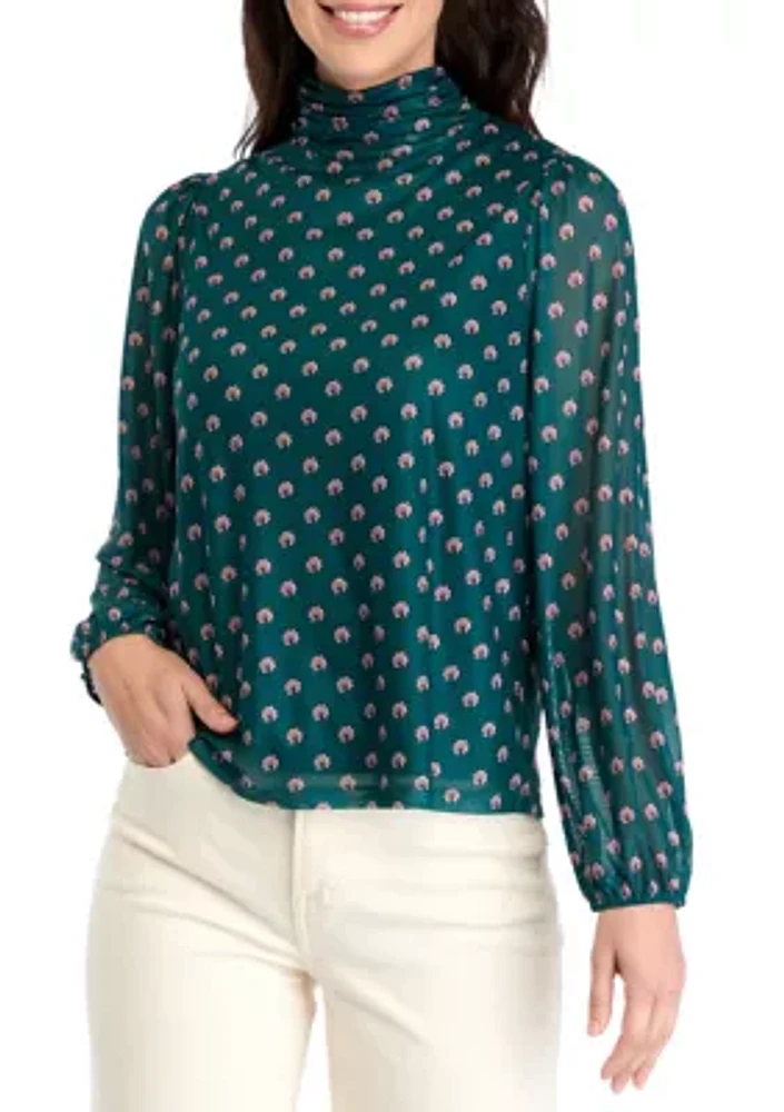 Women's Mesh Blouson Sleeve Printed Mock Neck Top