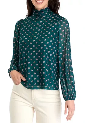 Women's Mesh Blouson Sleeve Printed Mock Neck Top