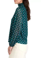 Women's Mesh Blouson Sleeve Printed Mock Neck Top