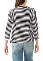 Women's 3/4 Sleeve Knot Front Stripe T-Shirt