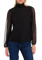 Petite Blouson Sleeve Mesh Mock Neck Solid Blouse