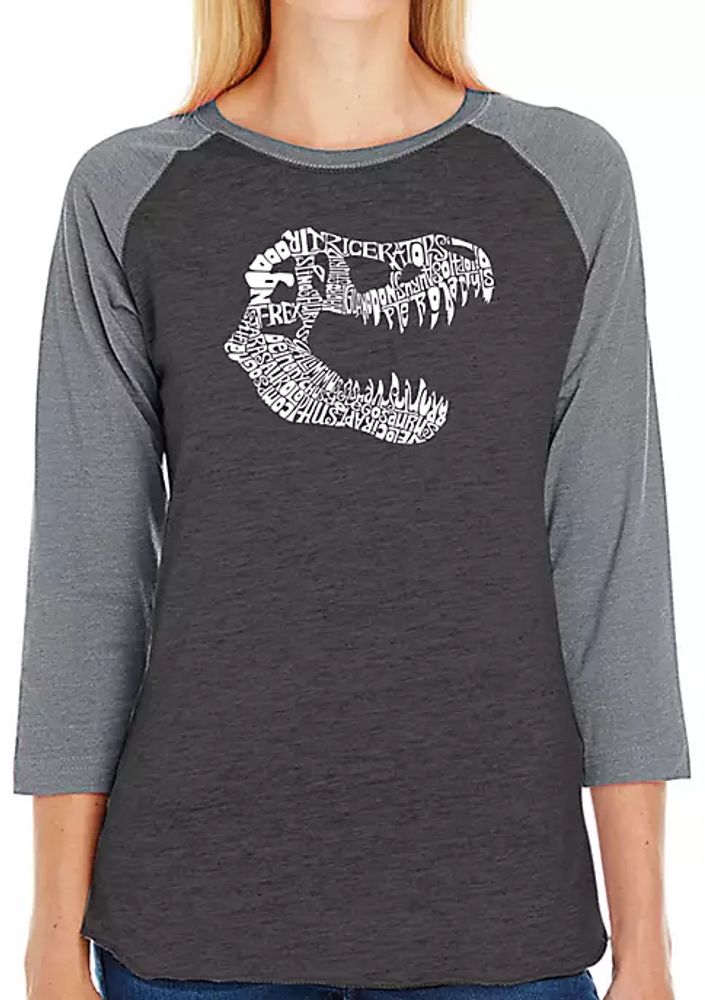 LA Pop Art Men's Raglan Baseball Word Art T-shirt – Dinosaur T-Rex