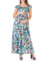 Multicolor Cap Sleeve Maternity Empire Waist Maxi Dress