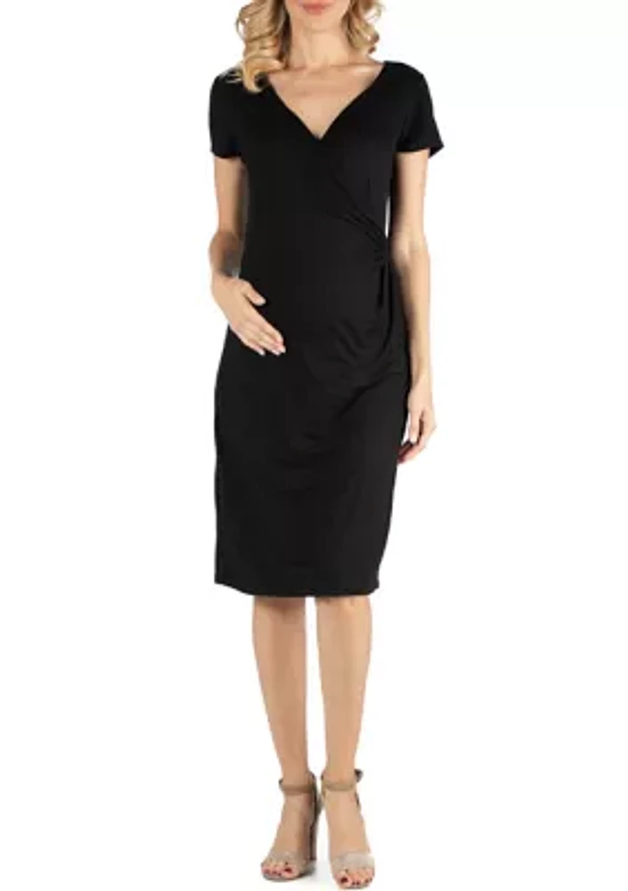 Faux Wrapover Maternity Dress with Cap Sleeves