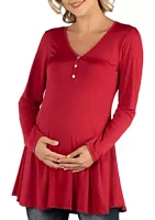 24seven Comfort Apparel Maternity Flared Long Sleeve Henley Top