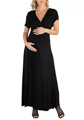 24seven Comfort Apparel Maternity Cap Sleeve V Neck Maxi Dress