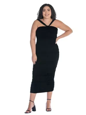 Plus Halter Cross Neck Ruched Bodycon Mid Dress