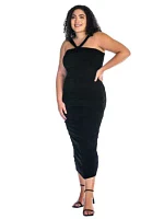 Plus Halter Cross Neck Ruched Bodycon Mid Dress